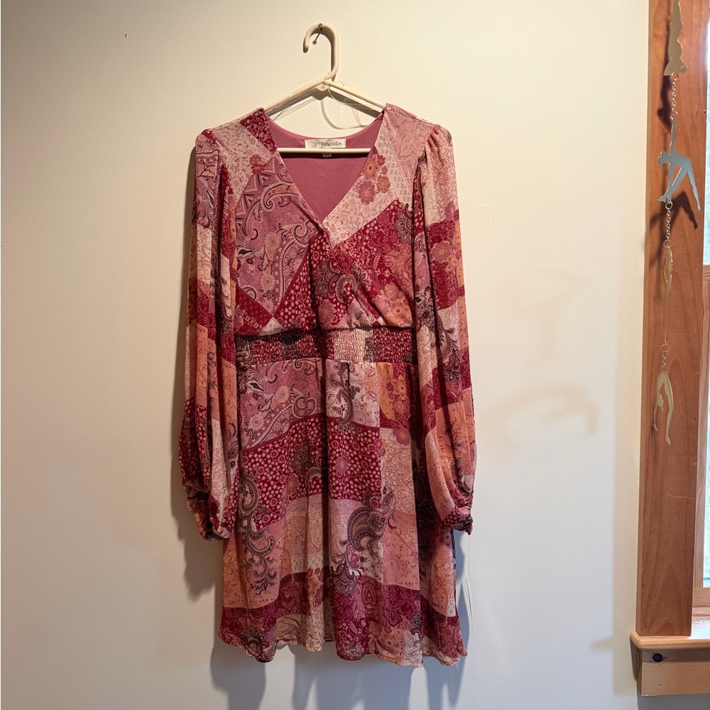 Patchwork Long Sleeve Dress - Pink and Red